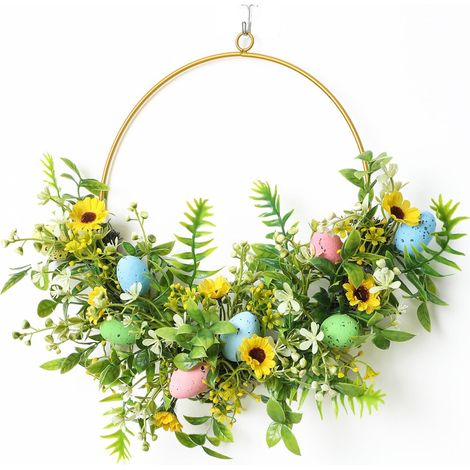 Guirlande De Pâques - 40 Cm - Anneau Métallique Doré Avec Œufs En Plastique Et Tournesols Artificiels - Pour Porte D'Entrée Mur Fenêtre Intérieur Extérieur - 1 Pièce (1/5)
