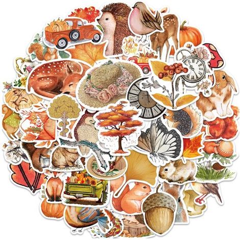 Lot de 50 autocollants d'automne - Pour fenêtre, décoration et scrapbooking - Motifs feuille d'érable, citrouille, champignons, baies, plantes et écureuils (1/5)