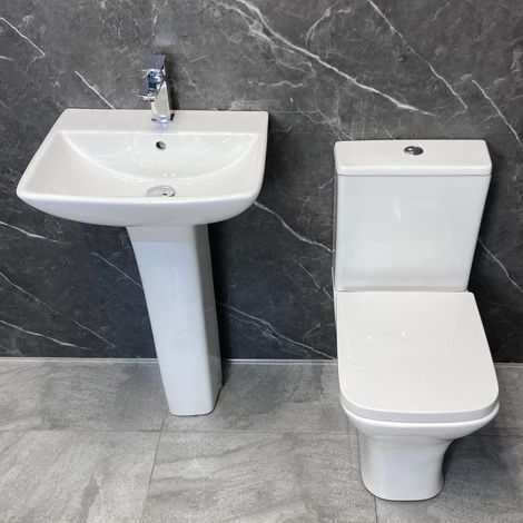 Square Bathroom Suite Sindee Rimless Toilet Basin Sink Soft Close Seat Ensuite, Without Tap (1/5)