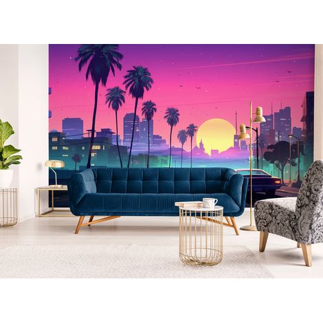 Papier Peint Rétro - Coucher De Soleil En Ville - 150 x 250 cm (1/2)
