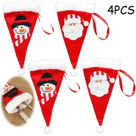 Porte-couverts - Noël - Chapeau de Père Noël - 4 pièces - Rouge et Blanc - Tissu non tissé (1/4)