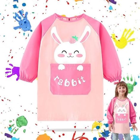 Rabbit Apron Kids - Long Sleeve Pink Waterproof Art Smock with Large Pocket for Girls 5-8 Years