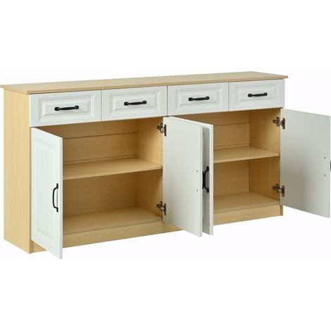 Buffet 4 tiroirs et 4 portes en MDF blanc et bois naturel, 160 x 35 x 80 cm, rangement polyvalent (1/5)