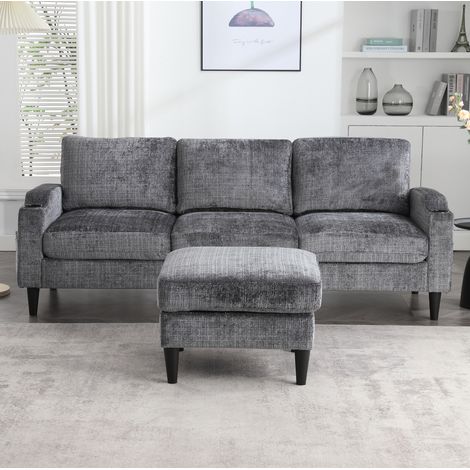 Canapé 4 places gris avec pouf de rangement, porte-gobelets et poches HAVRYA (1/5)