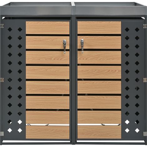 Abri pour poubelles, panneaux à veinage bois horizontal, compartiments de rangement pour déchets, verrouillable, deux portes, espace de plantation, panneau de porte ajouré en losange