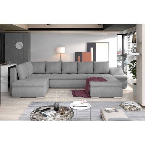 Canapé panoramique GYOVANI gris clair et noir angle droit convertible couchage 140x294cm (1/2)