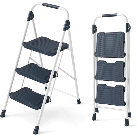COSTWAY Scala a 3 Gradini, Scaletta Pieghevole in Acciaio con Corrimano Imbottito, Pedale Antiscivolo e Blocco di Sicurezza, per Cucina, Giardino e Ufficio, Portata 360 kg (Blu + Bianco) (1/5)