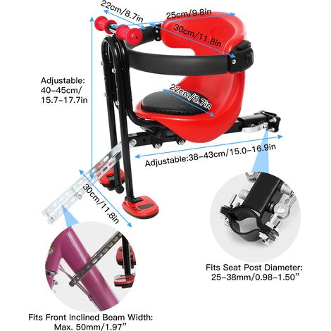 Siège de sécurité pour vélo pour enfants, vélo rembourré monté à l'avant pour enfants de 8 mois à 4 ans, jusqu'à 110lb (1/5)