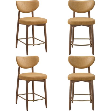 Lot de 4 Tabourets de Bar, Pieds en Bois Massif, Style Mid‑Century Modern, PU, Marron (1/5)