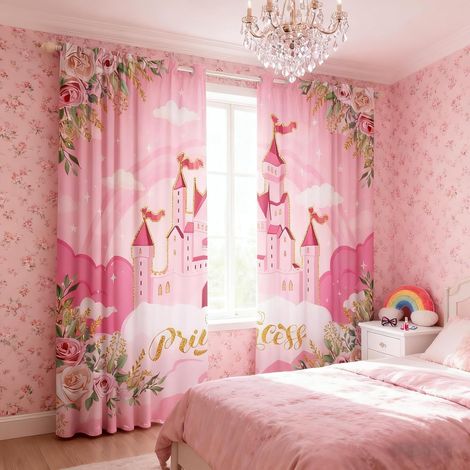 Lot de 2 rideaux occultants de princesse pour fenêtres, château rose, fleurs de rêve pour salon, thème conte de fées pour fille, 117 x 137 cm - 117L X 137H cm (2 Panneaux) (1/5)