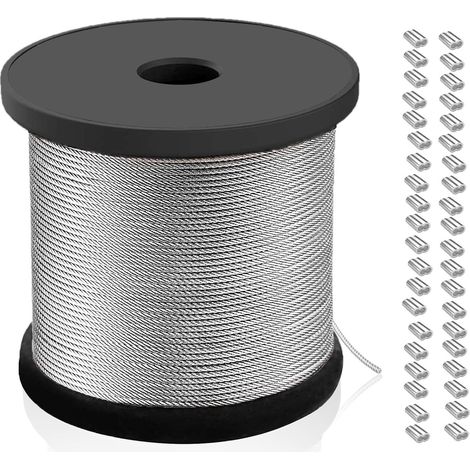 Steel Cable, 2 mm PVC Coated Stainless Steel Cable 40 m With 40 Pcs Crimping Sleeves for Indoor and Outdoor Rider Curtain Garden Guardrail (1/5)