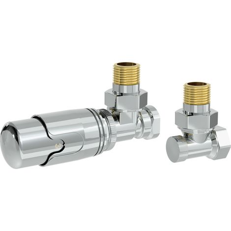 LuxeBath Thermostatventil + Rücklaufverschraubung für Heizkörper, Chrom, Heizkörperventil Komplett-Set, Thermostatkopf 1/2" Eckform, Heizungsventil mit Frostschutzstellung, Flüssigfühler Winkelventile