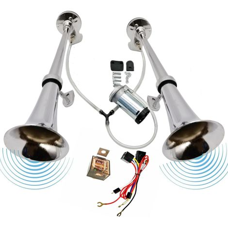 Klaxon de voiture Trompette d'air Navire klaxon chrome zinc Corne de voiture argent Car Horn 12V Aigus et basses Trompette de camion à deux tubes Haut - parleurs pour 12V voiture yacht etc (1/5)