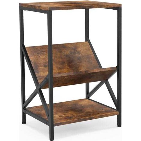 Meuble vinyle marron rustique 3 niveaux en bois et métal avec porte-revues en V et pieds réglables pour salon chambre et bureau (1/5)