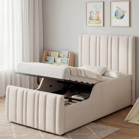 DESVIAE Lit enfant rembourré 90 x 200 cm avec rangement hydraulique sommier à lattes tête de lit à rayures verticales accoudoirs rembourrés beige en lin (1/5)