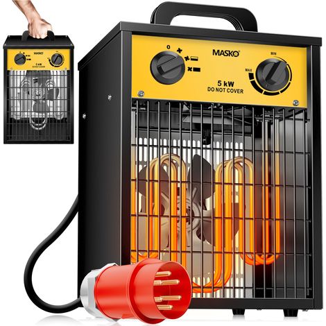 MASKO® Elektroheizer Heizlüfter Bauheizer mit integriertem Thermostat elektrisch Heizgerät mit 3 Heizstufen Heizgebläse für Innen- und Außeneinsat   Gelb / 5 KW