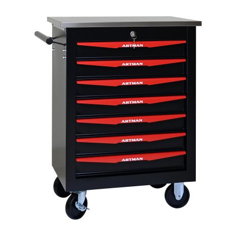 Charriot à outils multifonctionnel sur roulettes, 7 niveaux, en métal avec couvercle en acier inoxydable, idéal pour garage, atelier, entrepôt ou station de réparation – noir et rouge (1/5)
