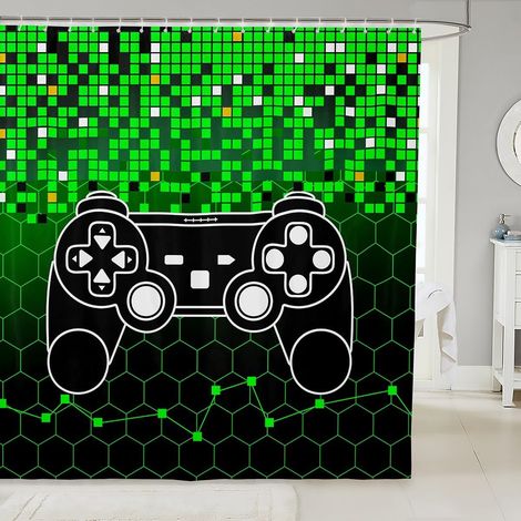 Rideau de Douche Gaming 180x210cm Garçon, Rideau de Bain Gamer Moderne pour Enfant Ado, Rideau de Baignoire Gamepad en Nid d'abeille, Rideau Salle de Bain Hexagonale Jeux Vidéo, Vert Noir - 180L X 210 (1/5)