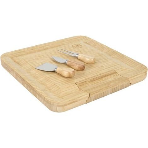 Planche Apéritif - Bambou - Carrée 33 x 33 cm - Avec Tiroir Intégré et 3 Couteaux à Fromage - 1 Pièce (1/4)