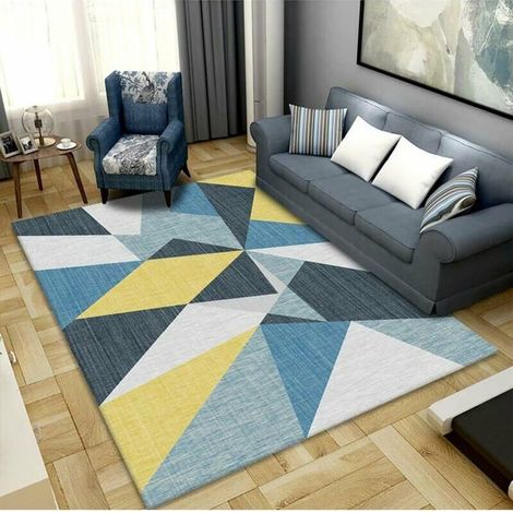 VURAHOME - Tapis Salon Géométrique Triangles Moderne Jaune Bleu Poils Courts Tapis Antidérapant Velours Enfants Tapis Chambre Basse de Canapé Table Tapis de Salon Lavable 120 x 160 cm - Bleu & Jaune (1/5)