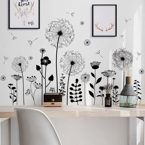 Muraux Pissenlit Noir Autocollants Muraux Fleurs Autocollant Mural Fleurs de Pissenlit Sticker Mural Plantes pour Salons Chambres Bureaux Canapé Fond Décoration Murale De La Maison
