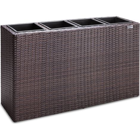 Casaria – Bac à fleurs en polyrotin 4 compartiments 95x27x60 cm – Pots amovibles avec évacuation d'eau – Résistant aux intempéries – Brun
