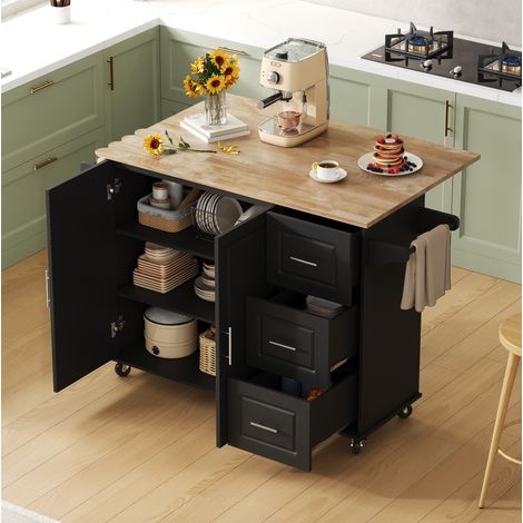 MEUBLIV Îlot de cuisine mobile noir 137 x 43(76) x 92 cm – rangement 3 tiroirs avec roulettes (1/5)