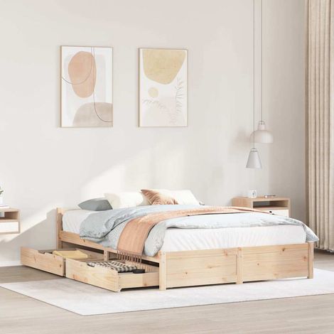 Cadre de lit Pin massif 150x200 cm avec 2 tiroirs - Lit moderne Bois naturel - Sommier lattes (1/4)