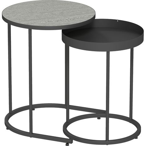 Set 2 Tavolini da Salotto Impilabili in Stile Industriale Ø42x54 cm e Ø36,5x48,5 cm in Legno e Metallo Grigio e Nero