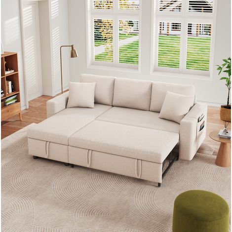 Divano letto angolare contenitore in lino beige OKMYHOME (1/5)