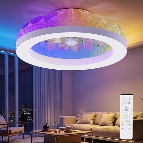 Ventilateur Plafond avec Lumière, 48CM RGB Lustre Ventilateur de Plafond avec Télécommande, Ventilateur Silencieux à 6 Vitesses avec Temporisateur et Mémoire, Ventilateur Réversible 3000-6500K