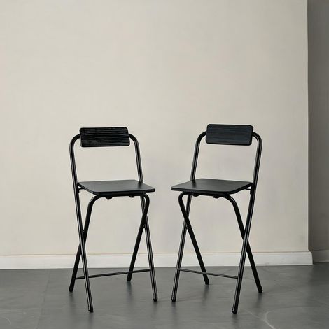 Lot de 2 tabourets de bar pliants noirs avec dossier en mDF acier (1/5)