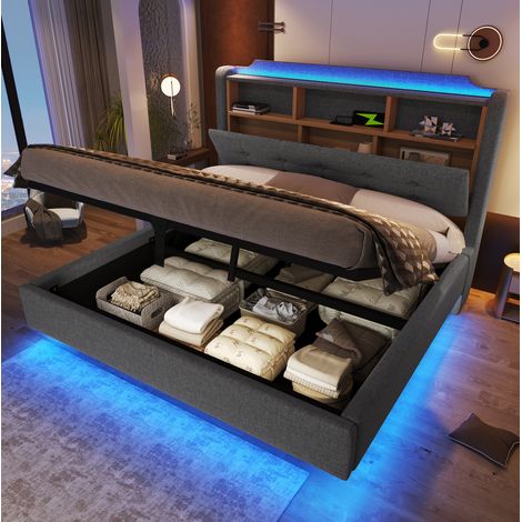 REDOM - Letto imbottito 140x200 cm con contenitore idraulico, LED, USB e Type C, lino grigio (Senza materasso) (1/5)