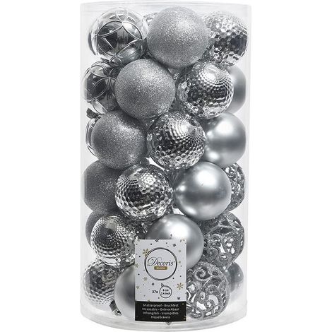 Tubo con 37 Bolas Plateadas Decorativas para Árbol de Navidad Ø6cm