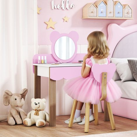 Coiffeuse avec tabouret pour enfants, MDF, tiroir, forme d’ours, miroir maquillage, rose (1/4)