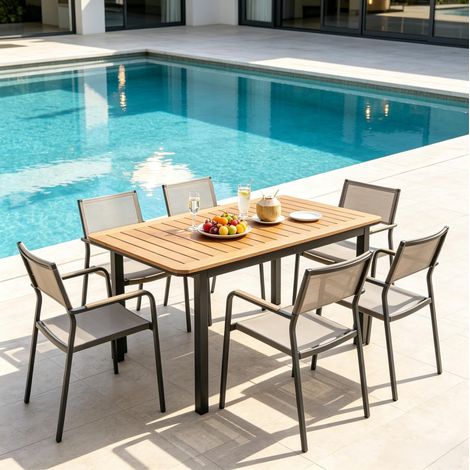 Table de jardin polyvalente en métal et plateau effet bois 127x70 cm marron (1/5)
