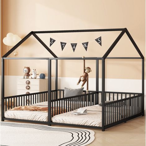 Letto a castello per bambini in metallo 90x200 cm nero, forma casetta, con sponde di sicurezza e scala (1/5)