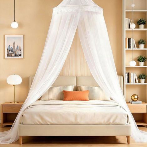 Moustiquaire De Lit,Grande Moustiquaire Pour Simple & Double,Adulte Tulle Blanc Ciel De Lit, Ciel De Lit Avec Crochet Adhésif[W28] (1/5)
