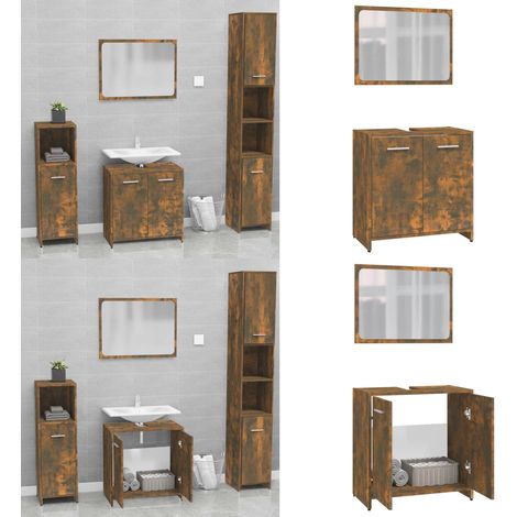 Badmöbel-Set Räuchereiche Holzwerkstoff - Badmöbel - Badezimmermöbel - Holzschränke - Spiegelschrank - Rauchfarbe - Home & Living