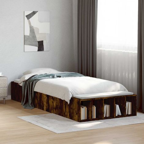 Cadre de lit avec rangement et étagère en bois chêne fumé 80 x 200 cm - PANGIVO (1/5)