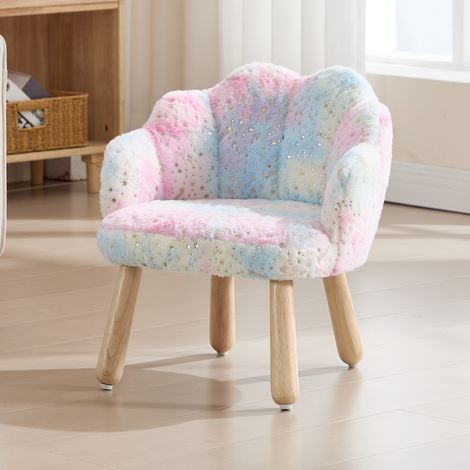 Wahson Petite Chaise Enfant en Fausse Fourrure, Fauteuil Enfant Fille avec Dossier en Pétale, Tabouret Enfant avec Pieds en Bois, Coloré (1/5)