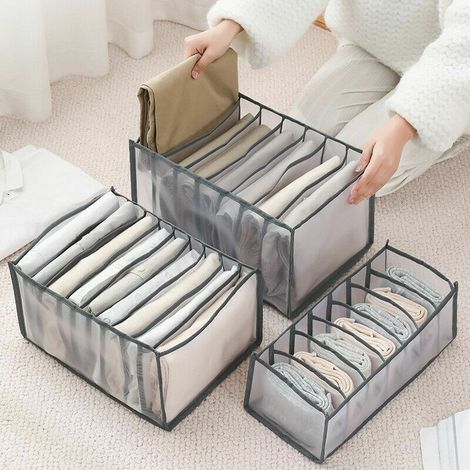 royaluxe - Organisateur de garde-robe 3 pièces, boîtes de rangement, organisateur de jeans, boîte de rangement empilable, système d'organisation de tiroir de boîte de rangement(Grey) (1/5)