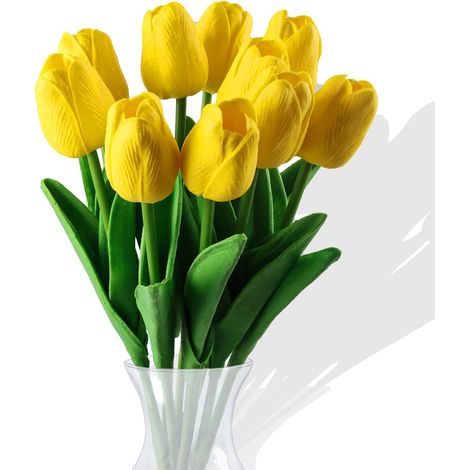 10 Pcs Fleurs de Tulipes artificielles,Fleurs artificielles, Bouquet de Fausses Fleurs en Soie Tulipe Real Touch Bouquet de Mariée pour la Décoration de Fête dans Le Jardin à la Maison (Jaune) (1/5)