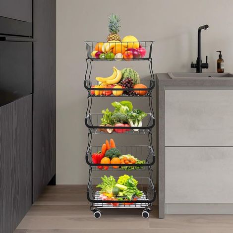 Corbeille à fruits à 5 étages en métal - Panier de rangement à roulettes - Panier à légumes avec roues universelles - Base interchangeable - 41 cm x 29 cm x 112 cm (1/5)