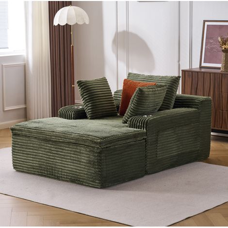Sofá cama de suelo verde en pana sin estructura con chaise longue y manta integrada (1/5)