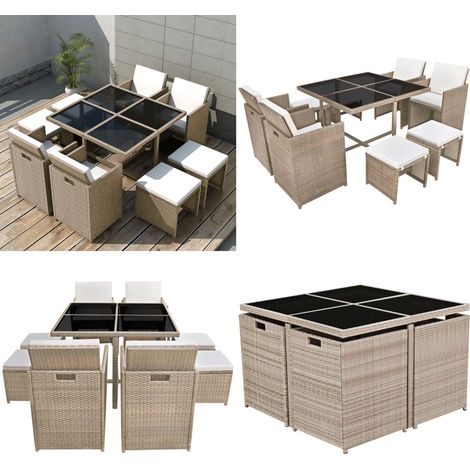 Set comedor de jardín 9 piezas y cojines ratán sintético beige - Comedor de jardín - Sillas de jardín