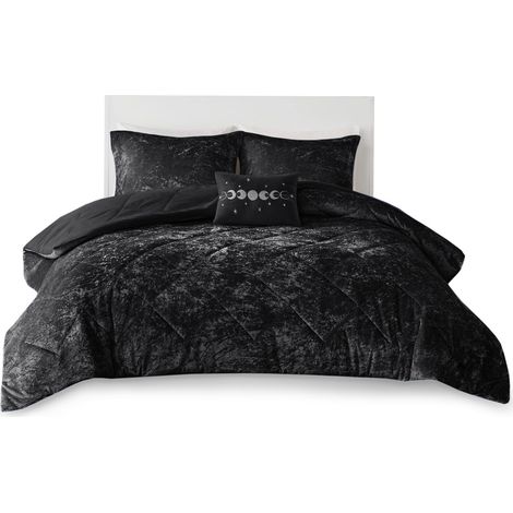 Parure de lit 4 pièces en Velours Double Face avec Housse de Couette et taie d'oreiller Assortie, pour très Grand lit/très Grand lit californien (264,2 x 228,6 cm), Noir (1/5)