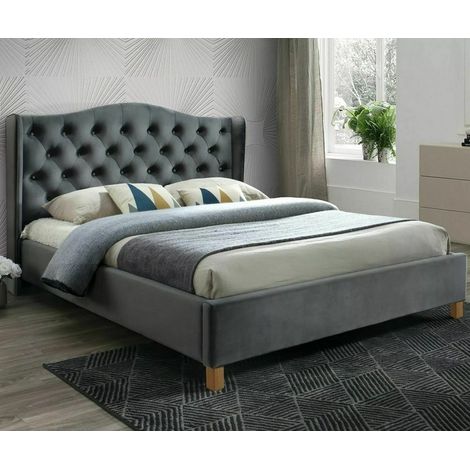 Lit design velours gris tête capitonnée 160cm Balco (1/5)