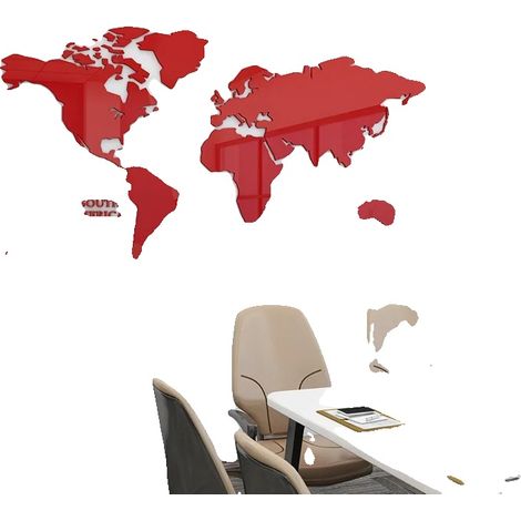 Pegatinas de pared, diseño acrílico 3D, decoración de mapa del mundo, rojo, XL 230cm x 120cm-a (1/2)