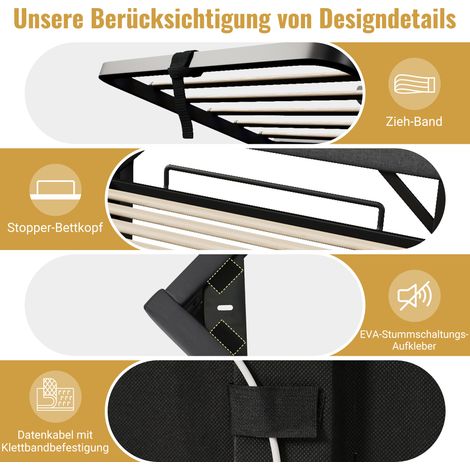 Lit double 140x190 cm avec tête de lit à rangement, ports USB et Type-C, LED 360° tout autour de la tête et du pied, coffre hydraulique intégré, tissu lin beige, sans matelas. (1/5)
